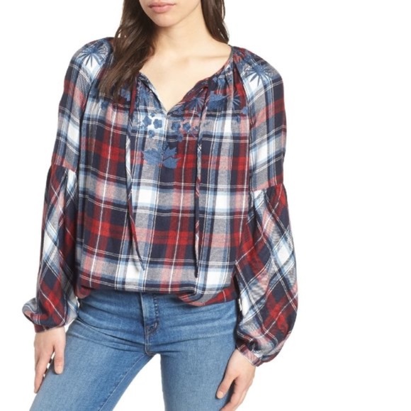 Vince Camuto Embroidered Plaid Peasant Blouse - Picture 1 of 6